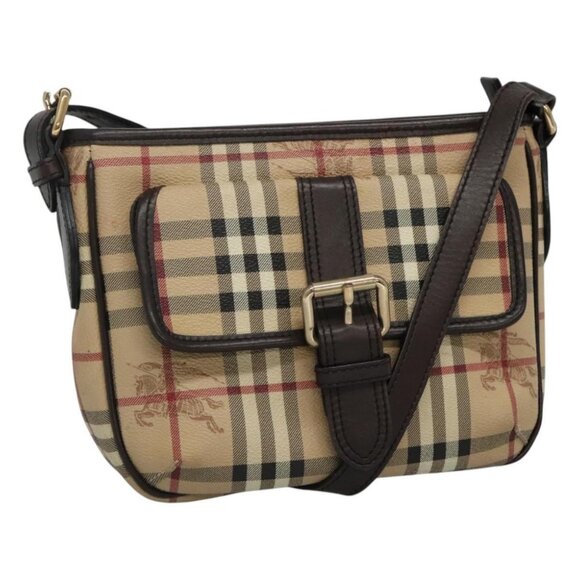 BURBERRY Nova Check Shoulder Bag PVC Beige Brown gold Auth 115570